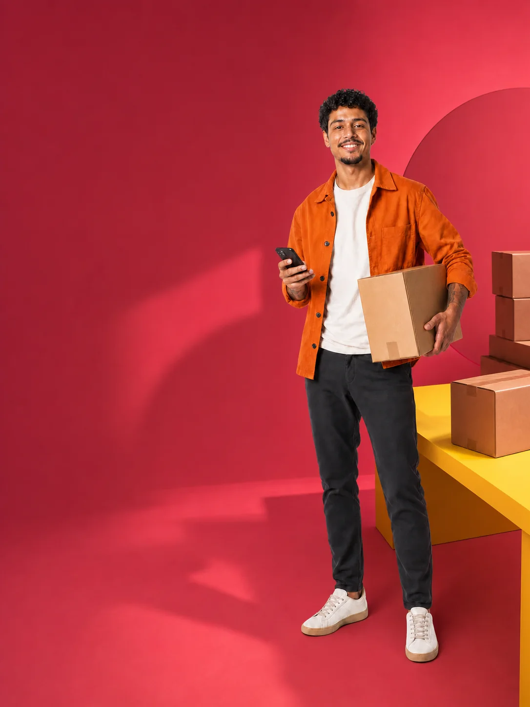 Jovem produtor brasileiro com celular e pacote em um estúdio editorial rosa de comércio físico.