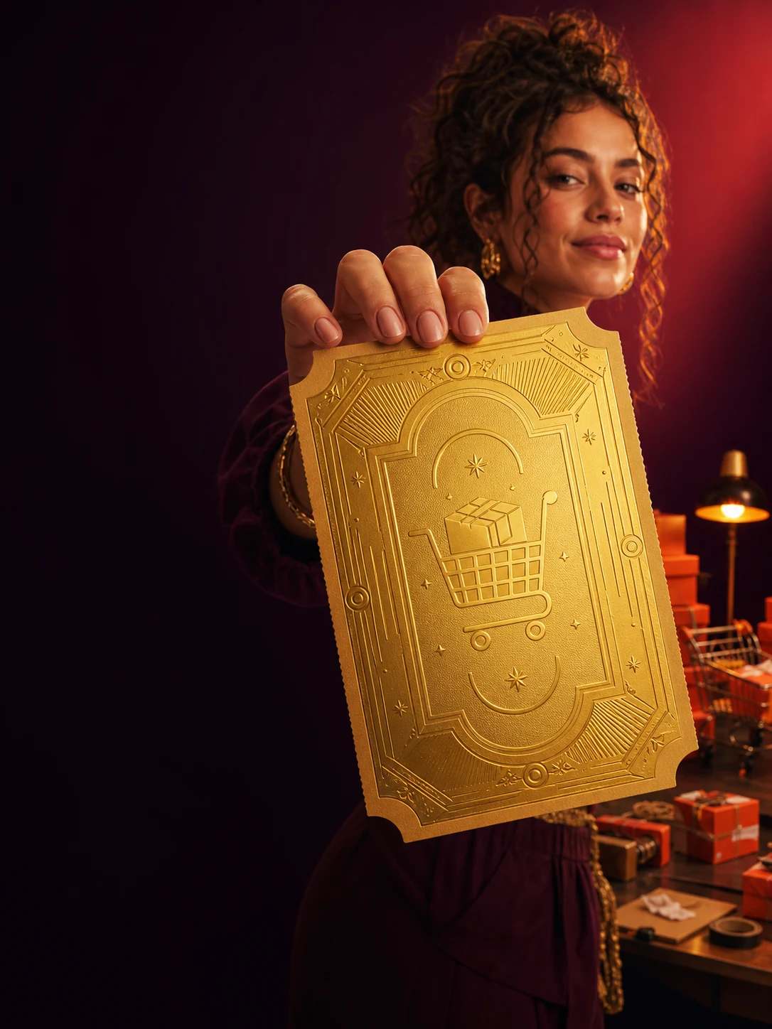 Brazilian producer presents an exclusive golden ticket with a shopping-cart symbol in a physical-commerce studio.