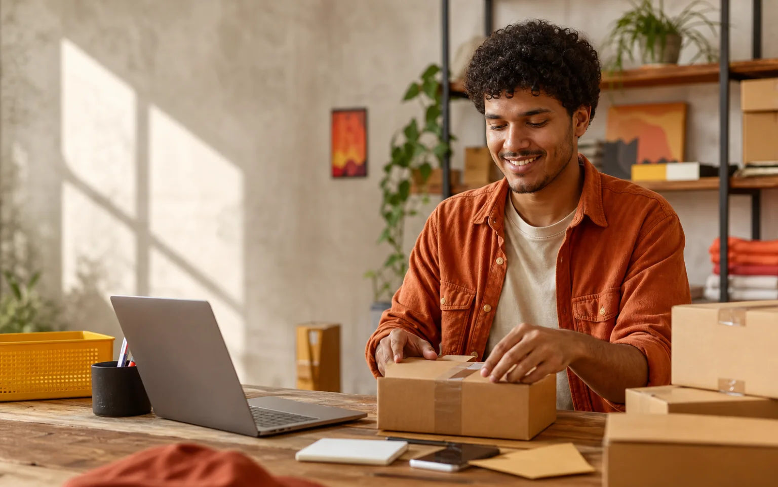 Jovem produtor brasileiro preparando um pedido ao lado do notebook em seu espaço de trabalho.