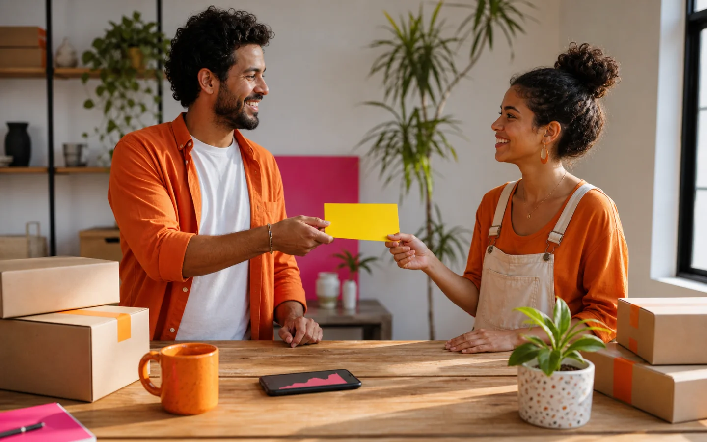 Dois produtores brasileiros trocando um convite amarelo sobre uma mesa de expedição com caixas e uma caneca laranja.