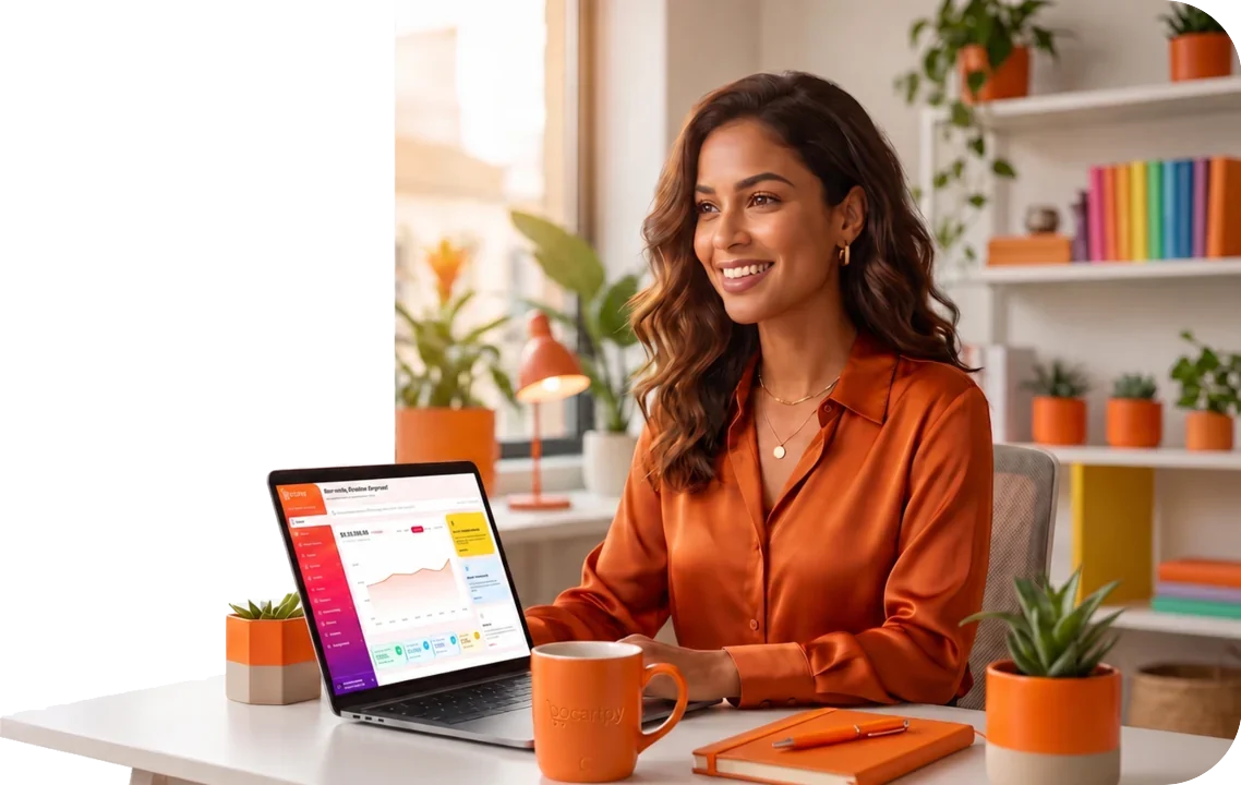 Produtora sorrindo em seu espaço de trabalho, cercada por ferramentas de uma operação de vendas online.
